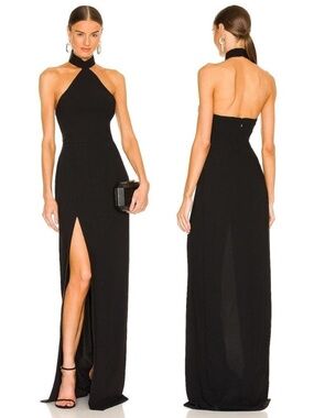 Amanda Uprichard Black Halter Neck Maxi Dress with Side Slit